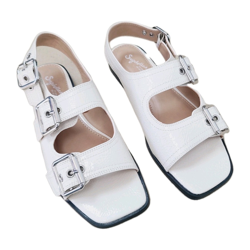 NEW Seychelles Elsa Sandals White Leather Buckle Strap‎ Slingback Flats 8